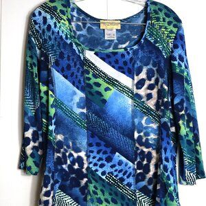 Kristin Crenshaw Blue Leopard Print 3/4 Sleeve Square Neck Women's Top Large